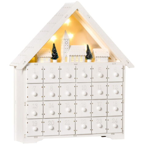 CALENDARIO DELL'AVVENTO IN LEGNO 24 CASSETTI E VILLAGGIO DI NATALE CON ALBERI + LUCI 39X9X42 CM  BIANCO (1/5)