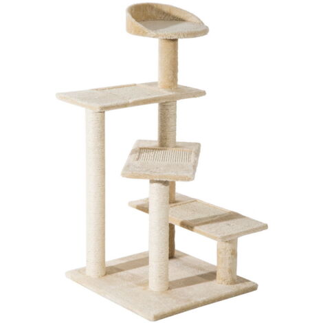 ALBERO PER GATTI MULTILIVELLO CON TIRAGRAFFI IN SISAL PER GATTI CON PIATTAFORME E CUCCIA IN PELUCHE BEIGE. 50X50X100 CM