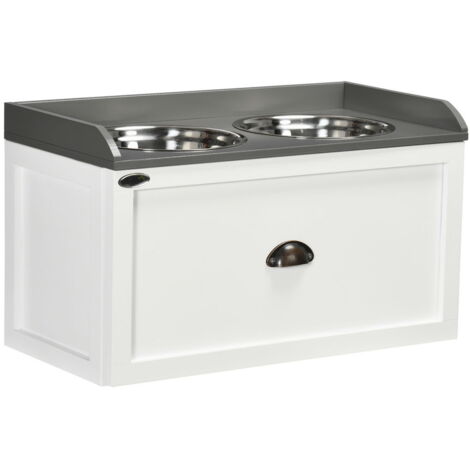 CIOTOLE PER CANI RIALZATE IN ACCIAIO INOX E LEGNO CON CASSETTO, 60X30X36CM, BIANCO E GRIGIO