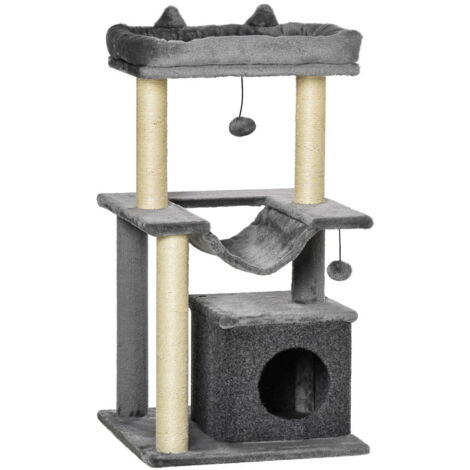 ALBERO PER GATTI CON TIRAGRAFFI IN CORDA SISAL. CASETTA. CUSCINO E AMACA. RIVESTIMENTO IN PELUCHE E FELTRO 100CM H GRIGIO (1/5)