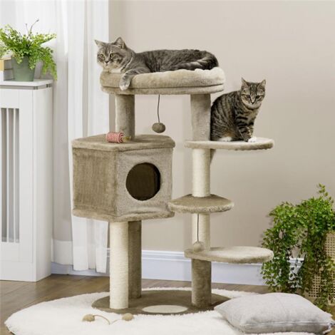 Albero Tiragraffi Per Gatti PawHut, 140 Cm, Con Casetta, Lettino, Amache E Pali In Sisal, Colore Grigio, Per Gatti Fino A 5 Kg