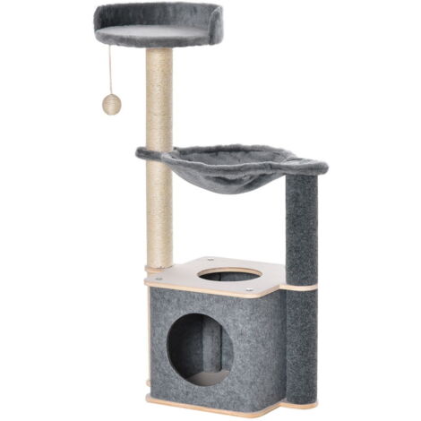 ALBERO TIRAGRAFFI MULTILIVELLO PALESTRA PER GATTI CON CASETTA. AMACA. CUCCIA E CORDE IN SISAL. 48X34X95CM. GRIGIO