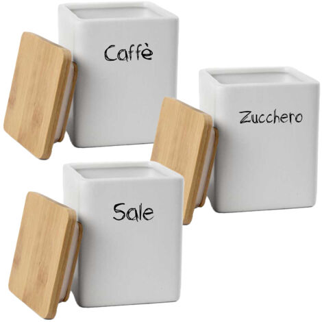 MAURY'S TRIS BARATTOLI QUADRATI CERAMICA TOP LEGNO 10X13CM SALE.ZUCCHERO E CAFFÈ E CHIUSURA ERMETICA AD INCASTRO