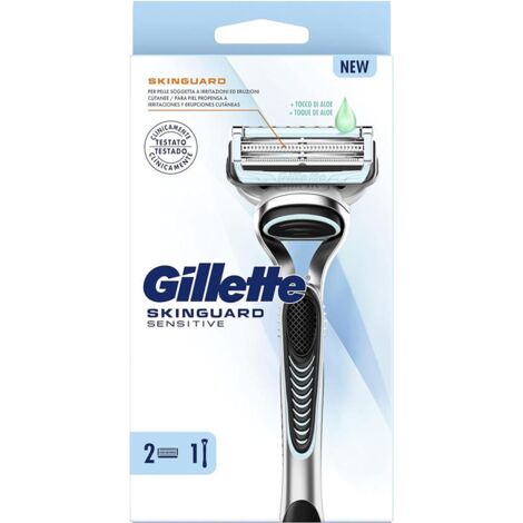 GILLETTE SKINGUARD SENSITIVE RASOIO BARBA PER UOMINI CON IRRITAZIONI DELLA PELLE 1 MANICO + 2 LAMETTE DI RICAMBIO