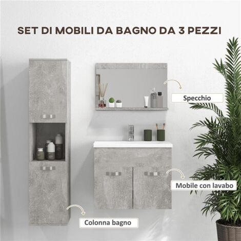 Lomadox Set Bagno 4 Pezzi Con Lavabo In Ceramica 60 Cm – Mobile, Armadio E Specchio LED, Bianco Lucido, Antracite, Stile Moderno - 5