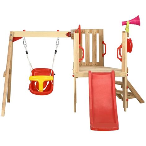 SET CON SCIVOLO E ALTALENA DA GIARDINO PER BAMBINI ETÀ 18-48 MESI. IN LEGNO E PLASTICA. ROSSO