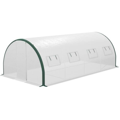 SERRA A TUNNEL 6X3 M CON 2 INGRESSI E 8 FINESTRE. IN PE. POLIESTERE E ACCIAIO ZINCATO. BIANCO E VERDE