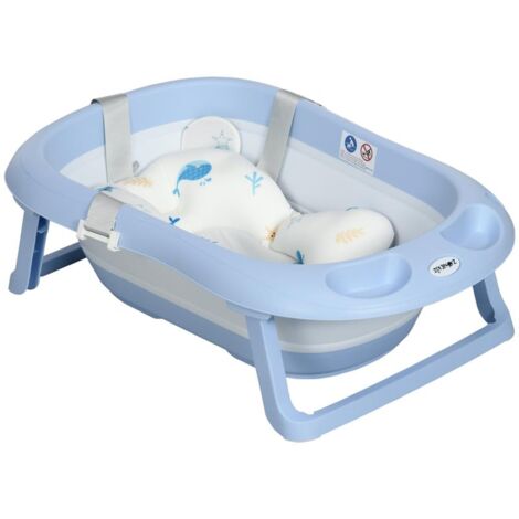 VASCHETTA BAGNETTO PIEGHEVOLE BAMBINI 0-6 ANNI CON CUSCINO E 2 RIPIANI. 83X48X23.5 CM. BLU E BIANCO