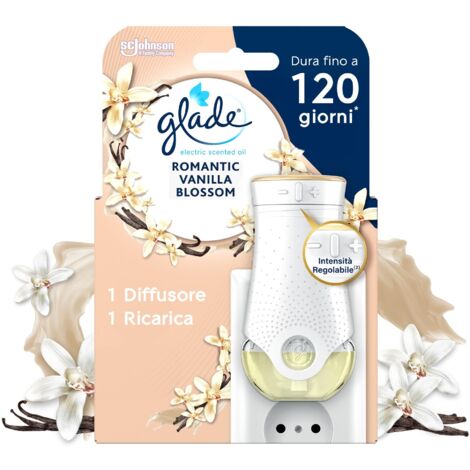 Glade Profumatore per ambienti con Oli Essenziali, Fragranza Romantic Vanilla Blossom, Confezione da 1 Diffusore Elettrico + 1 Ricarica, 20 ml