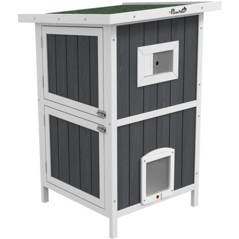 CUCCIA PER GATTI DA ESTERNO IN LEGNO A 2 LIVELLI CON TETTO IN ASFALTO E 4 PORTE. 60X60X90.5CM. GRIGIO (1/5)
