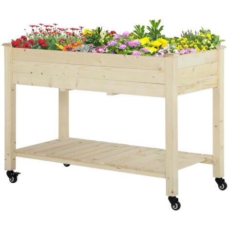 LETTO PER ORTO RIALZATO IN LEGNO CON ROTELLE E RIPIANO INFERIORE. 118X55X83CM. LEGNO NATURALE