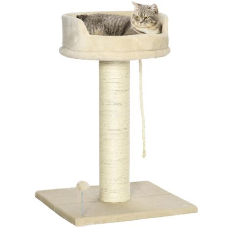 ALBERO TIRAGRAFFI PER GATTI CON LETTINO E PALLINA IN PELUCHE E PALO IN SISAL 55X55X83CM BEIGE (1/5)