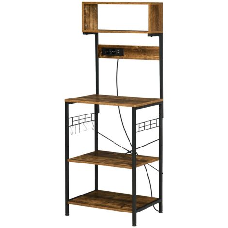 SCAFFALE CUCINA CON MULTIPRESA. RIPIANI E GANCI STILE INDUSTRIALE. 60X42X153CM. MARRONE