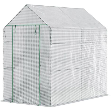 SERRA A CASETTA CON RIVESTIMENTO IN PE. PORTA A CERNIERA E 4 RIPIANI. 186X120X190CM. BIANCO