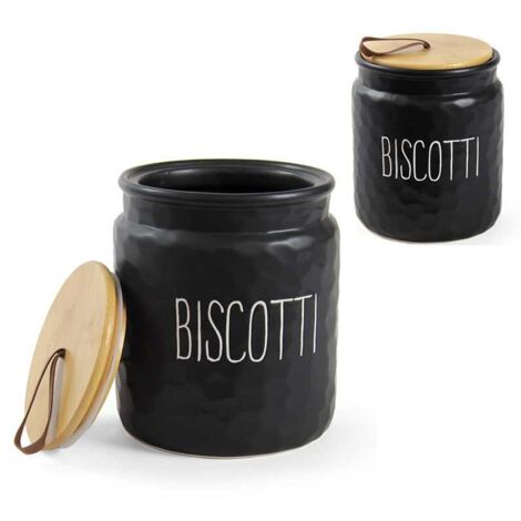 PORTA BISCOTTI MODELLO ONDULATO 15 X 18 CM NERO CON TAPPO IN LEGNO