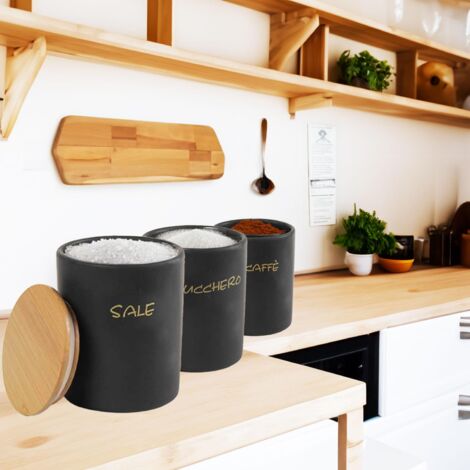 Set 3 Barattoli Ermetici In Metallo Nero 1L Con Vassoio - Per Tè, Caffè, Zucchero E Alimenti Secchi