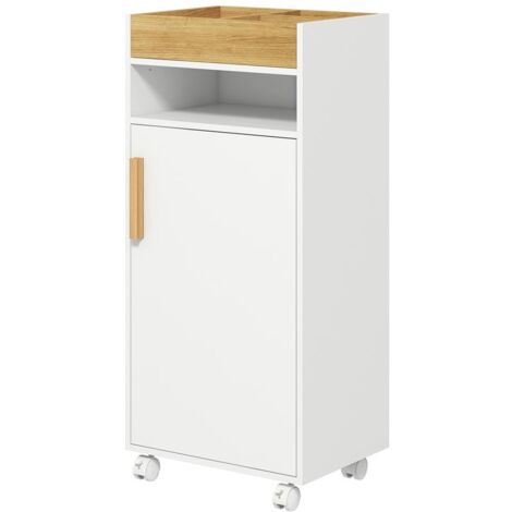 MOBILETTO BAGNO CON VASSOIO RIMOVIBILE. RIPIANO APERTO E ARMADIETTO CHIUSO. IN TRUCIOLATO. 40X30X88 CM. BIANCO (1/5)