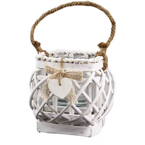 ARY LANTERNA PORTA CANDELA 14X 20CM IN VIMINI BIANCO CON CORDA