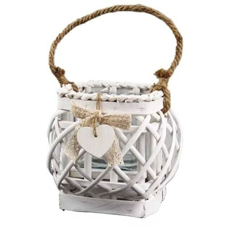 ARY LANTERNA PORTA CANDELA 14X 20CM IN VIMINI BIANCO CON CORDA