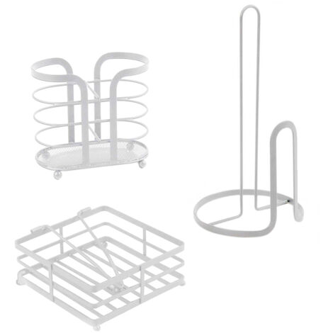 SET DA CUCINA IN FILO DI FERRO 16X16X31CM IN COLORE BIANCO CON PORTAROTOLO. PORTATOVAGLIOLI E PORTABICCHIERI