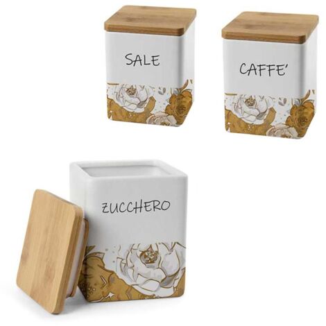 TRIS ROSE QUADRATO SALE. ZUCCHERO E CAFFÈ IN CERAMICA CON TAPPO IN LEGNO 10X13 CM