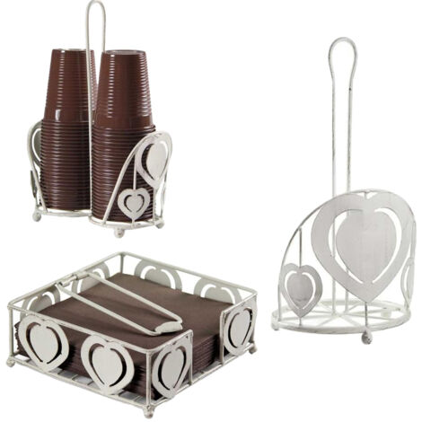 SET DA CUCINA IN METALLO STILE SHABBY CHIC DESIGN CUORE IN COLORE BIANCO