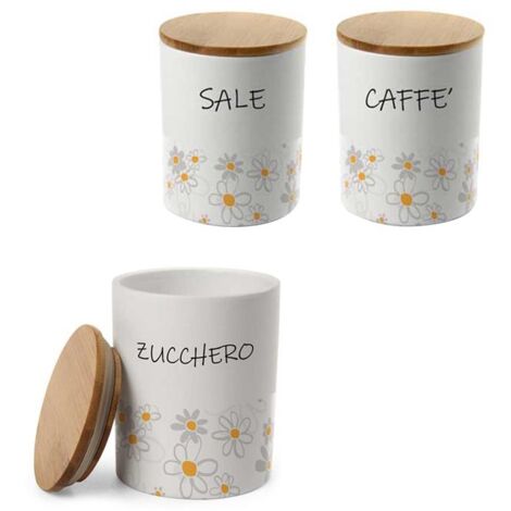 TRIS TONDO DAISY SALE. ZUCCHERO E CAFFÈ IN CERAMICA CON TAPPO IN LEGNO 10X13 CM