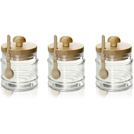 3 BARATTOLI DA CUCINA IN VETRO CON CUCCHIAIO E TAPPO IN LEGNO 8X11CM CAPIENZA 300 ML L'UNO