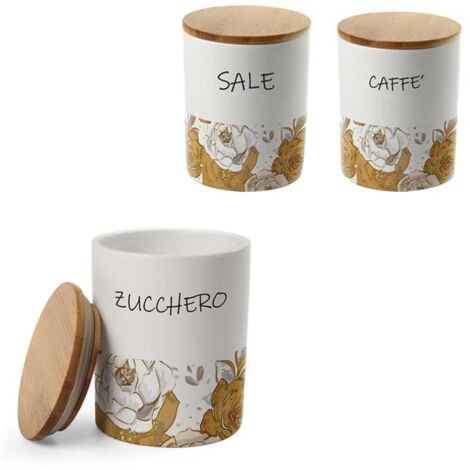 TRIS ROSE TONDO SALE. ZUCCHERO E CAFFÈ IN CERAMICA CON TAPPO IN LEGNO 10X13 CM