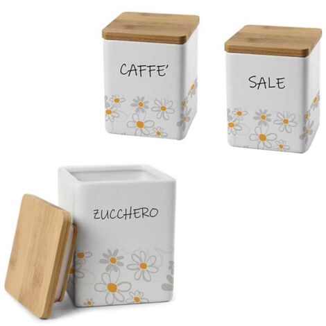 TRIS QUADRATO DAISY SALE. ZUCCHERO E CAFFÈ IN CERAMICA CON TAPPO IN LEGNO 10X13 CM