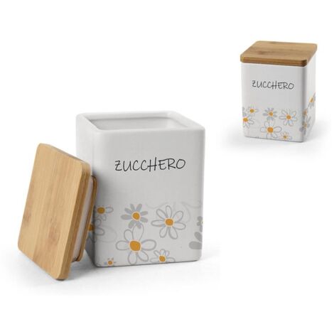 BARATTOLO QUADRATO PER ZUCCHERO IN CERAMICA CON TAPPO IN LEGNO 10X13 CM DAISY