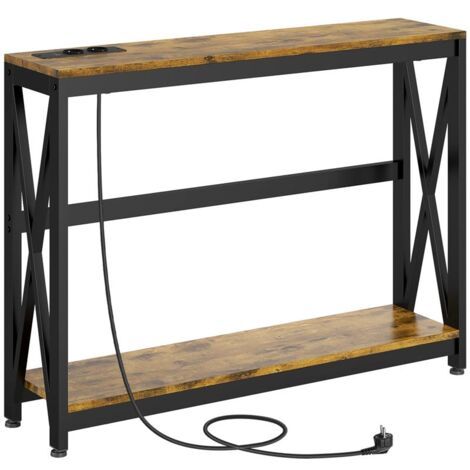 CONSOLLE DA INGRESSO STILE INDUSTRIALE CON PRESE DI CORRENTE E USB. LEGNO E ACCIAIO. 100X24X75CM. MARRONE (1/5)