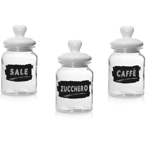 TRIS BARATTOLI IN VETRO CON TAPPO IN CERAMICA A CUORE DA 1000 ML 11X21 CM SALE.ZUCCHERO E CAFFÈ