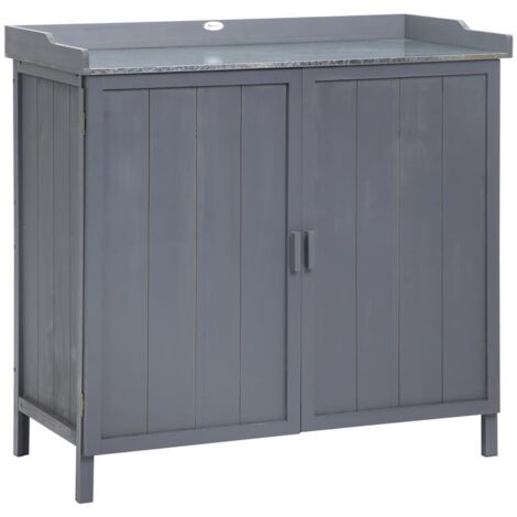 ARMADIETTO DA ESTERNO IN LEGNO CON PIANO IN METALLO E 2 RIPIANI PORTA ATTREZZI. 98X48X95.5 CM. GRIGIO