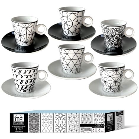 MAURY'S SET 6 TAZZINE CAFFE' DESIGN MODERN CON PIATTINO COLORE NERO E BIANCO