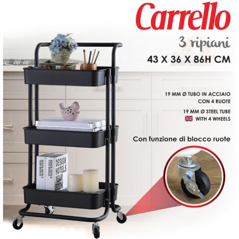 Meerveil Carrello industriale cucina con rack di stoccaggio a 3 piani, vintage con ruote, ripiano in legno e telaio in metallo