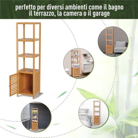 Relaxdays Mobile Bagno Colonna In Bambù, 3 Ripiani & 1 Armadietto Con Anta Cucina Scaffale 875x35x29 Cm Naturale 49831853