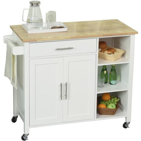 CARRELLO DA CUCINA IN LEGNO BIANCO CON CASSETTO. ARMADIETTO E 3 RIPIANI