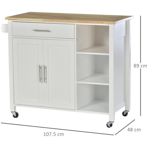 CARRELLO DA CUCINA IN LEGNO BIANCO CON CASSETTO. ARMADIETTO E 3 RIPIANI