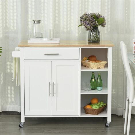 CARRELLO DA CUCINA IN LEGNO BIANCO CON CASSETTO. ARMADIETTO E 3 RIPIANI