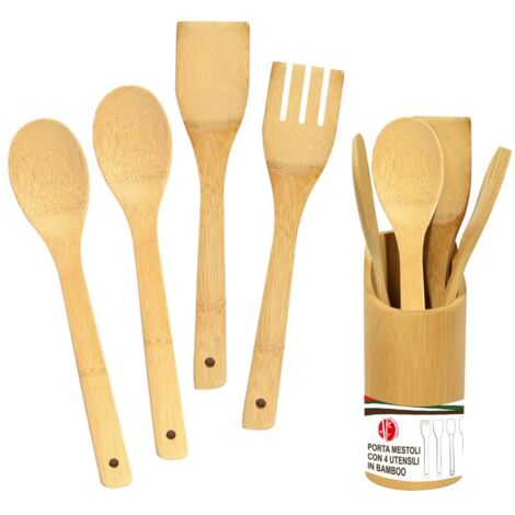 MAURY'S PORTA MESTOLI CON 4 UTENSILI IN LEGNO DI BAMBOO