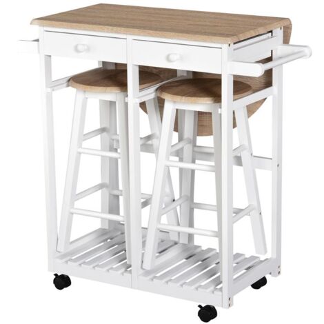 CARRELLO DA CUCINA PIEGHEVOLE CON 2 SGABELLI IN LEGNO BIANCO 83.5X74 X 83 CM (1/5)