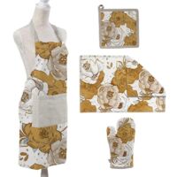 SET ROSE DA CUCINA IN TESSUTO CON STROFINACCIO. PRESINA. GUANTO E GREMBIULE