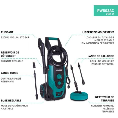 VONROC Hidrolimpiadora a presión V22-2 - 2200W - 170 bar - 450 l/h - Incluye 8m de manguera, tanque de detergente integrado, limpiador de patio, boquillas y accesorios