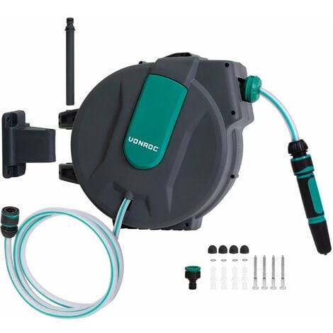 VONROC Carrete de manguera automático - Incluye 25m de manguera de jardín, manguera de conexión, boquilla, acoplamientos y conector de grifo