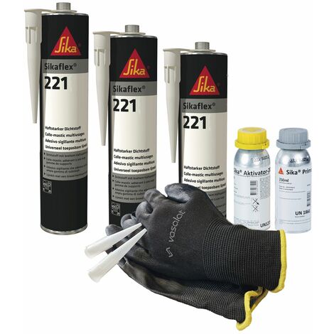 Sikaflex 221 hellgrau 3x 300ml Kleb- und Dichtstoff mit Aktivator 205 und Primer 210 - ideal zur Abdichtung von Buntmetall mit 5 Düsenspitzen (1/3)