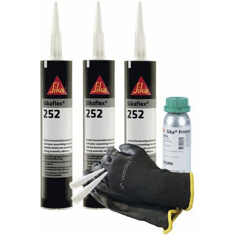 Sikaflex 252 schwarz 3x 300ml Klebstoff mit Primer 209D - für die Verklebung von Kunststoff mit 5 Düsenspitzen