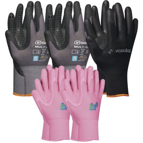Arbeitshandschuhe Kinder 5 - 8 Jahre - Kinder Gartenhandschuhe 2x Pink + 2x Multiflex Handschuhe mit Noppen + vasalat Montagehandschuhe Gr. 11