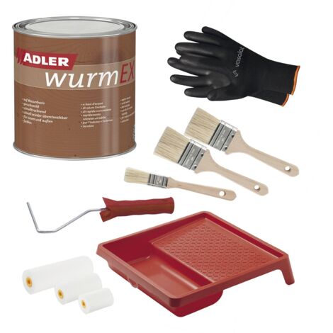 Adler Wurm Ex Holzschutzmittel ideal zum Holzschutz vor Schädlingen mit 2x Pinsel + Lackroller Set mit Farbwanne, farblos 2,5l