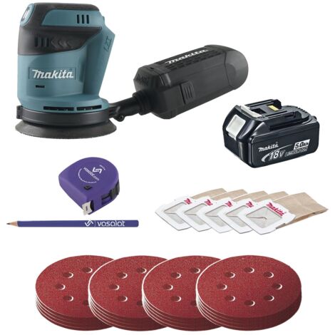 Makita Akku Exzenterschleifer 18V DBO180Z + Schleifscheiben Set 4-teilig K60/80/120/180 + Akku 18V
